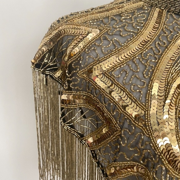 Gold Art Deco Hand Beaded Fringe and Sequin Cape - Picture 4 of 7